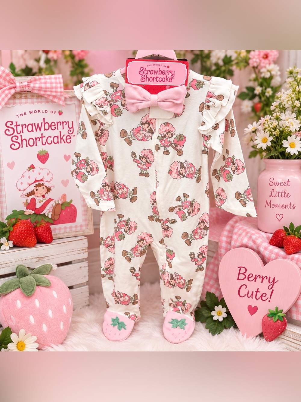 Strawberry Shortcake Girls Footed Sleeper 6-9M Ruffle Shoulder w/Headband NWT